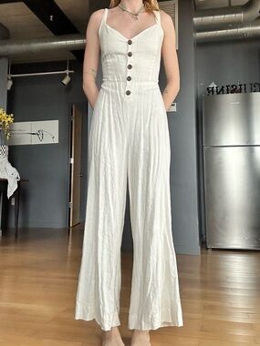 Urban Outfitters White Button-Front Wide-Leg Jumpsuit